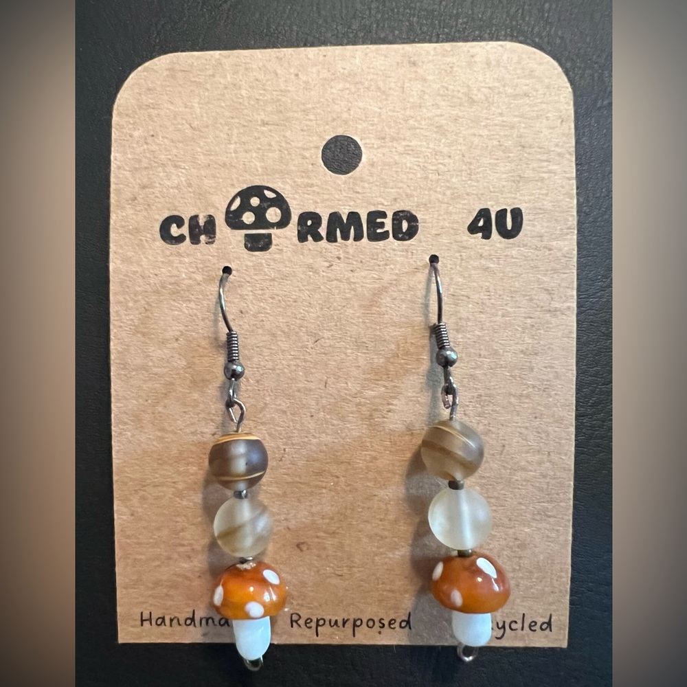 Glass beaded dangle brown mushroom earrings